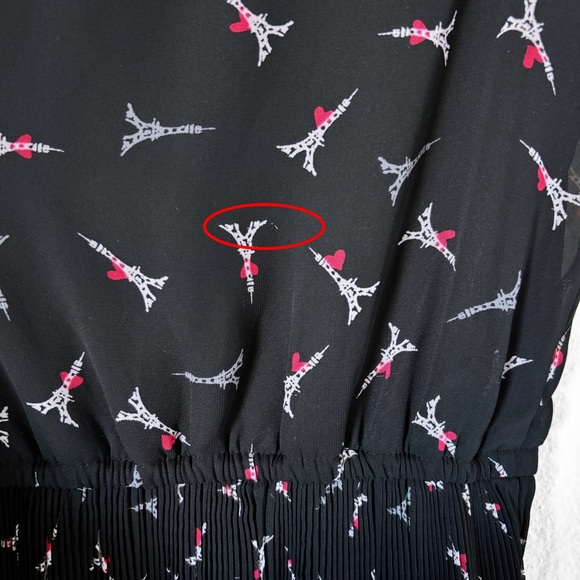 Elle Eiffel Tower Heart Print Black Pleated Mini Dress Womens Small Paris Retro - Picture 8 of 15